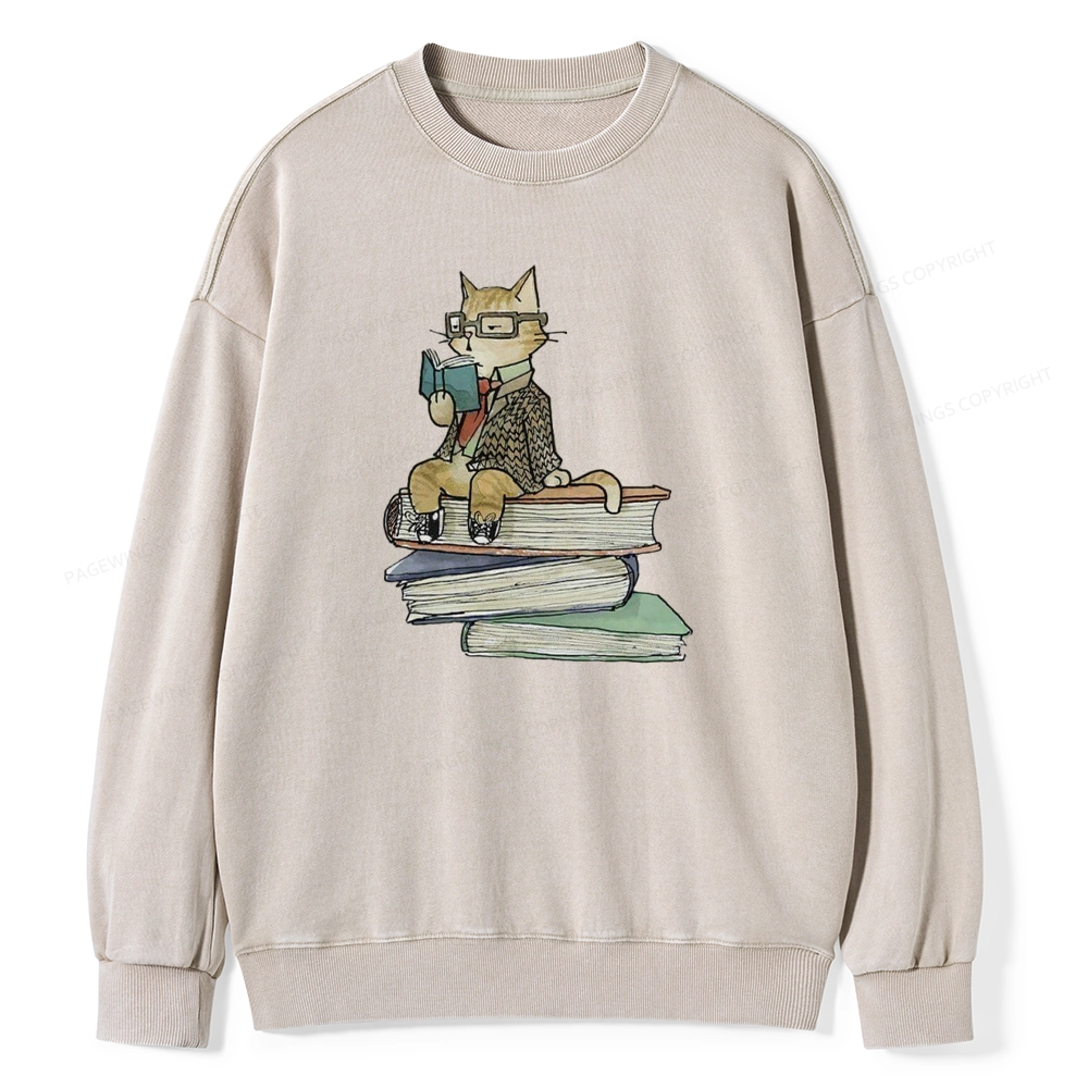 Pagewings Reading Cat Unisex Washed Sweatshirt