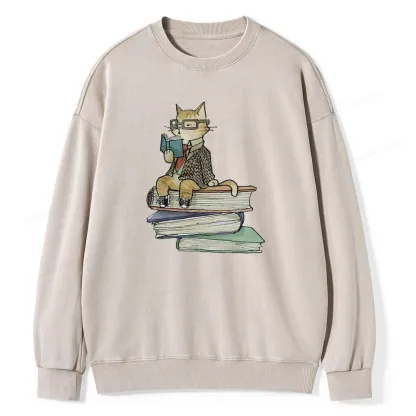 Pagewings Reading Cat Unisex Washed Sweatshirt