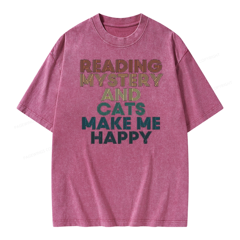 Pagewings Reading Mystery And Cats Make Me Happy Unisex Washed T-shirt