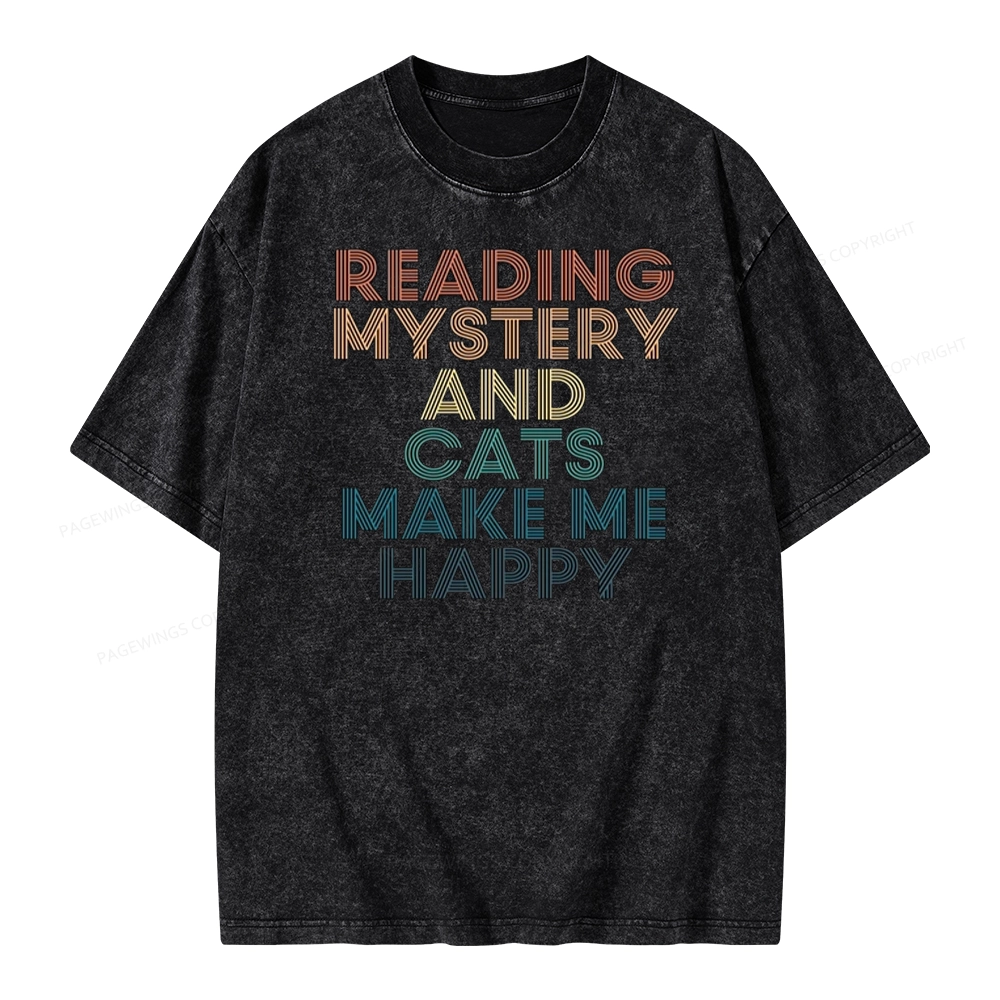 Pagewings Reading Mystery And Cats Make Me Happy Unisex Washed T-shirt