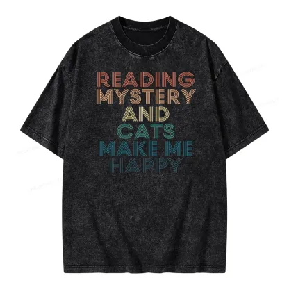 Pagewings Reading Mystery And Cats Make Me Happy Unisex Washed T-shirt