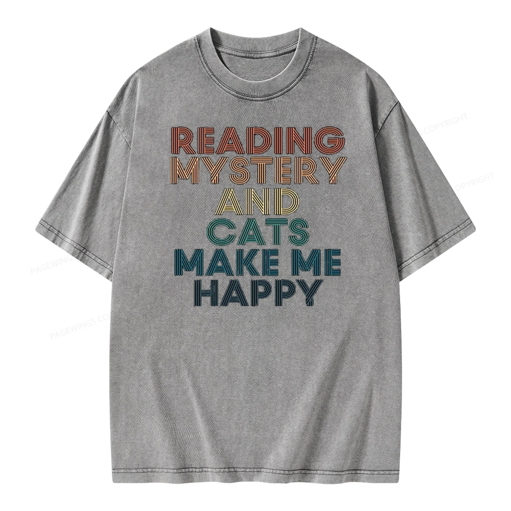 Pagewings Reading Mystery And Cats Make Me Happy Unisex Washed T-shirt
