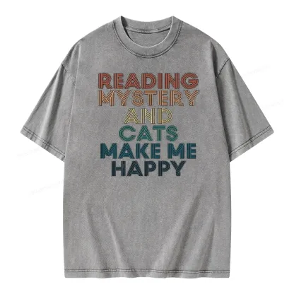 Pagewings Reading Mystery And Cats Make Me Happy Unisex Washed T-shirt