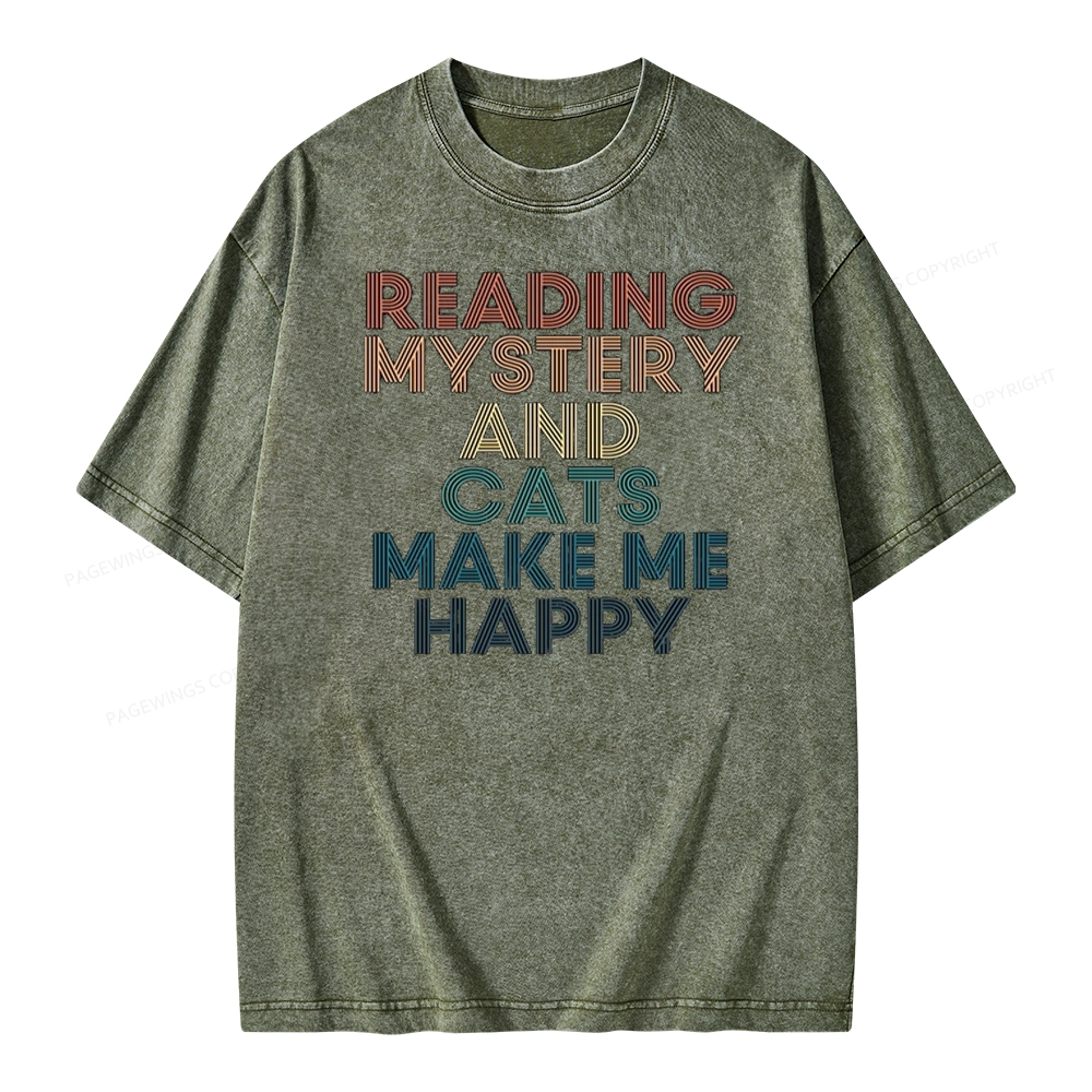 Pagewings Reading Mystery And Cats Make Me Happy Unisex Washed T-shirt