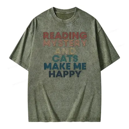 Pagewings Reading Mystery And Cats Make Me Happy Unisex Washed T-shirt