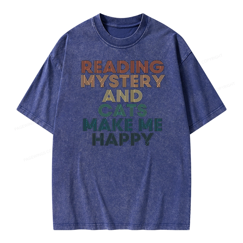 Pagewings Reading Mystery And Cats Make Me Happy Unisex Washed T-shirt