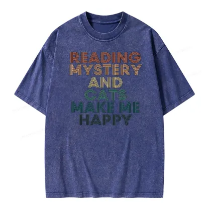 Pagewings Reading Mystery And Cats Make Me Happy Unisex Washed T-shirt
