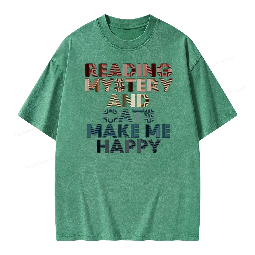 Pagewings Reading Mystery And Cats Make Me Happy Unisex Washed T-shirt