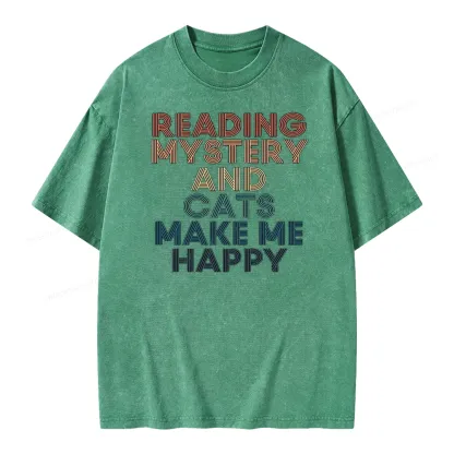 Pagewings Reading Mystery And Cats Make Me Happy Unisex Washed T-shirt