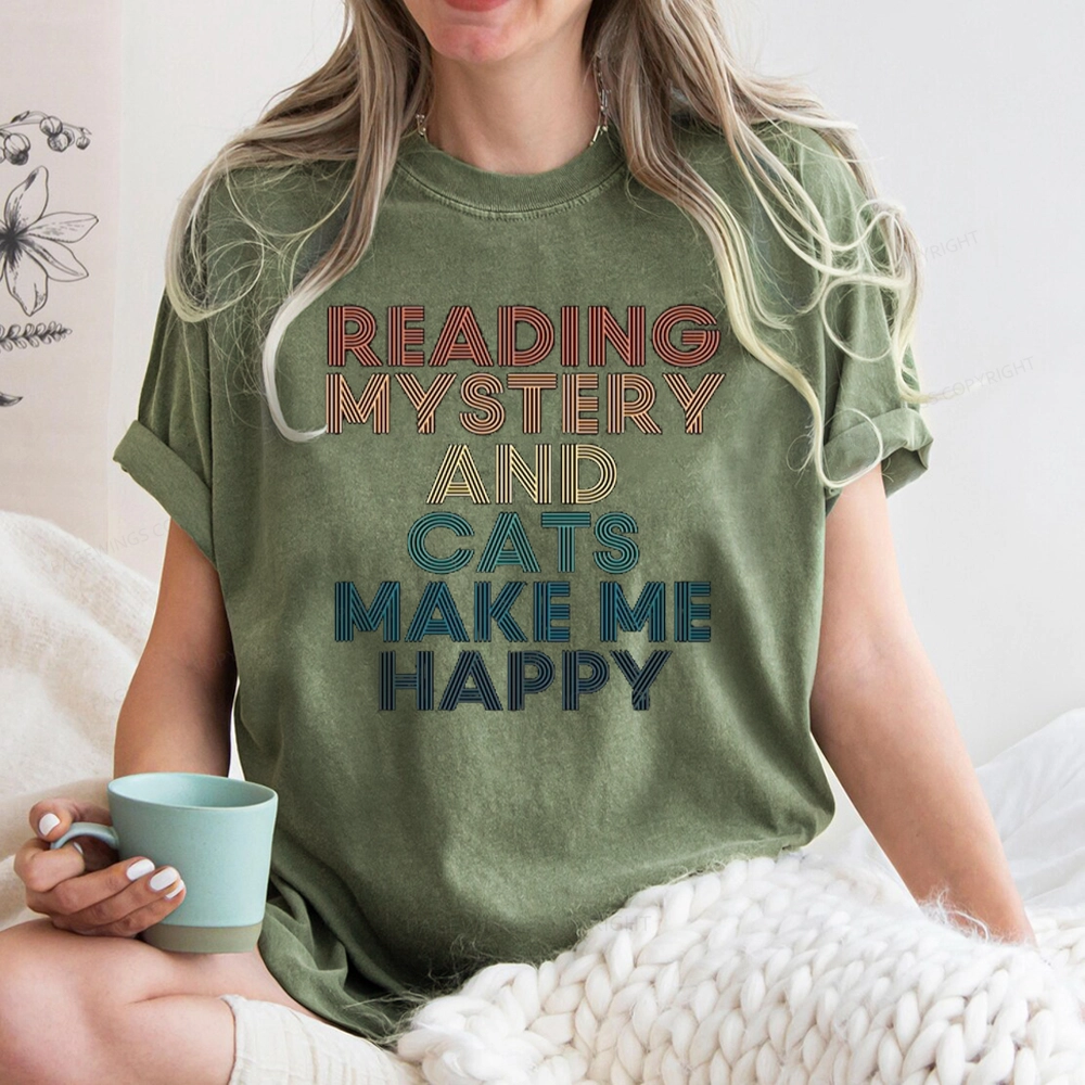 Pagewings Reading Mystery And Cats Make Me Happy Unisex Washed T-shirt