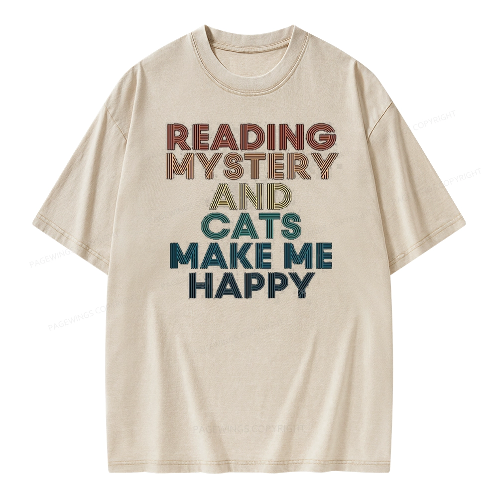 Pagewings Reading Mystery And Cats Make Me Happy Unisex Washed T-shirt