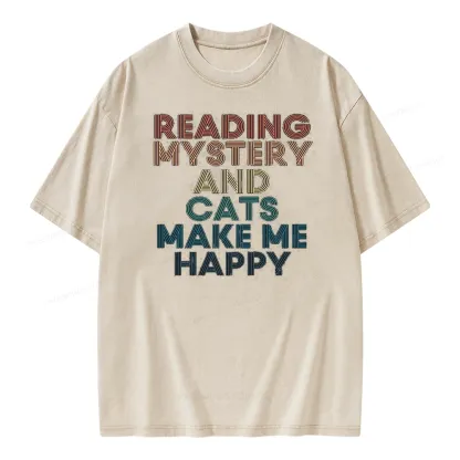 Pagewings Reading Mystery And Cats Make Me Happy Unisex Washed T-shirt