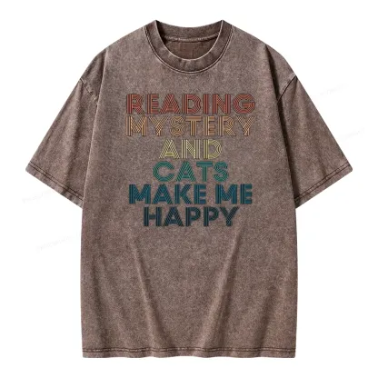 Pagewings Reading Mystery And Cats Make Me Happy Unisex Washed T-shirt