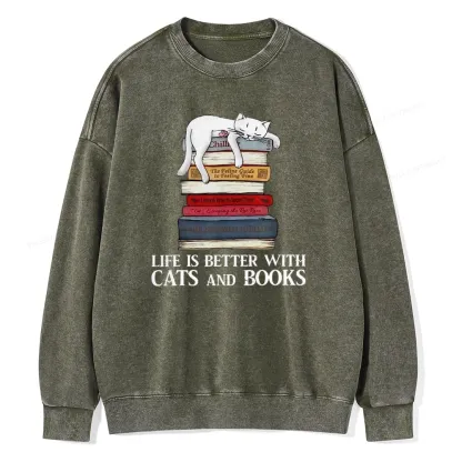 Pagewings Life Is Better With  Cats And Books Unisex Washed Sweatshirt