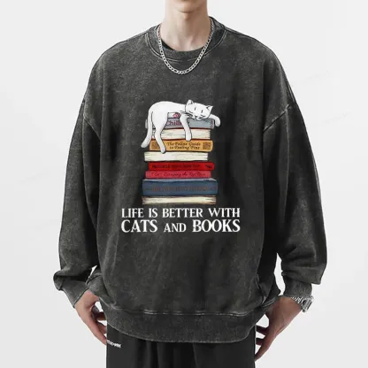 Pagewings Life Is Better With  Cats And Books Unisex Washed Sweatshirt