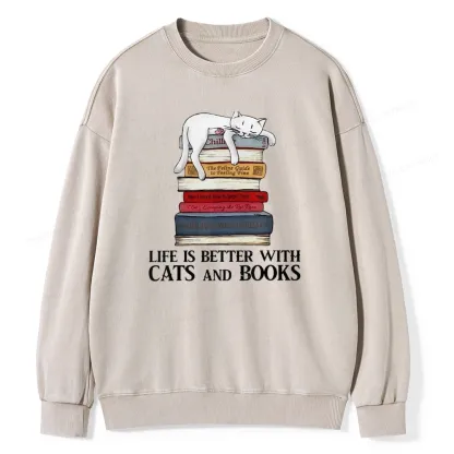 Pagewings Life Is Better With  Cats And Books Unisex Washed Sweatshirt