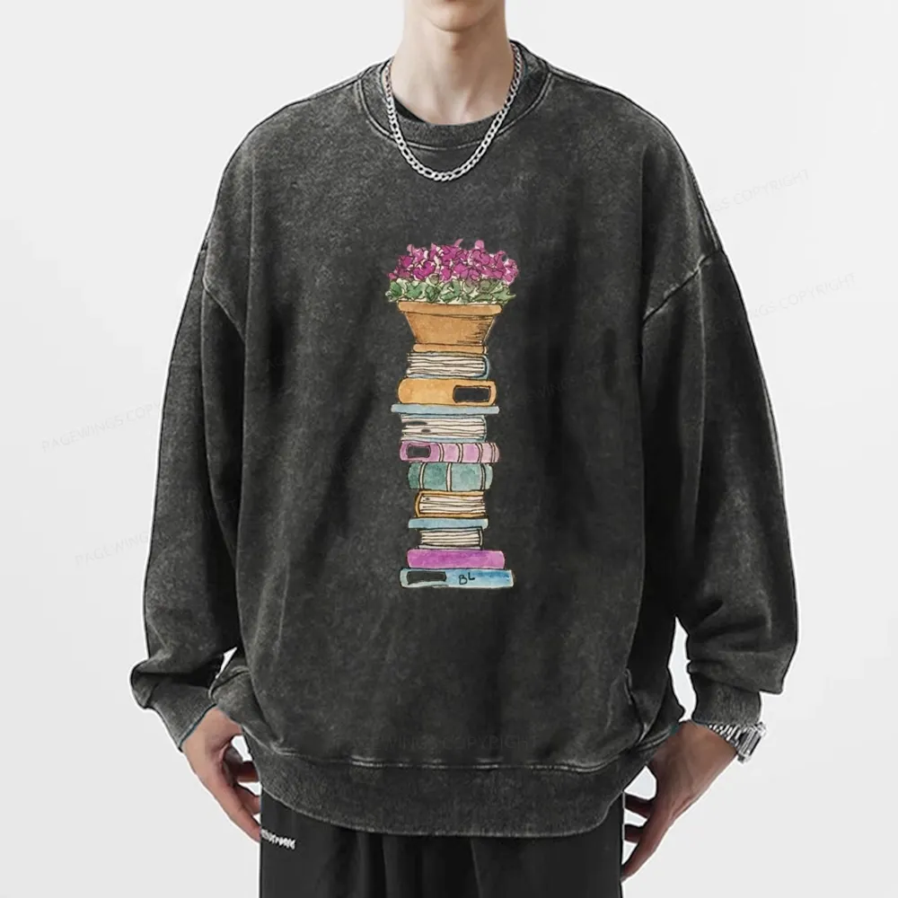 Pagewings Flower Pot and Books Unisex Washed Sweatshirt