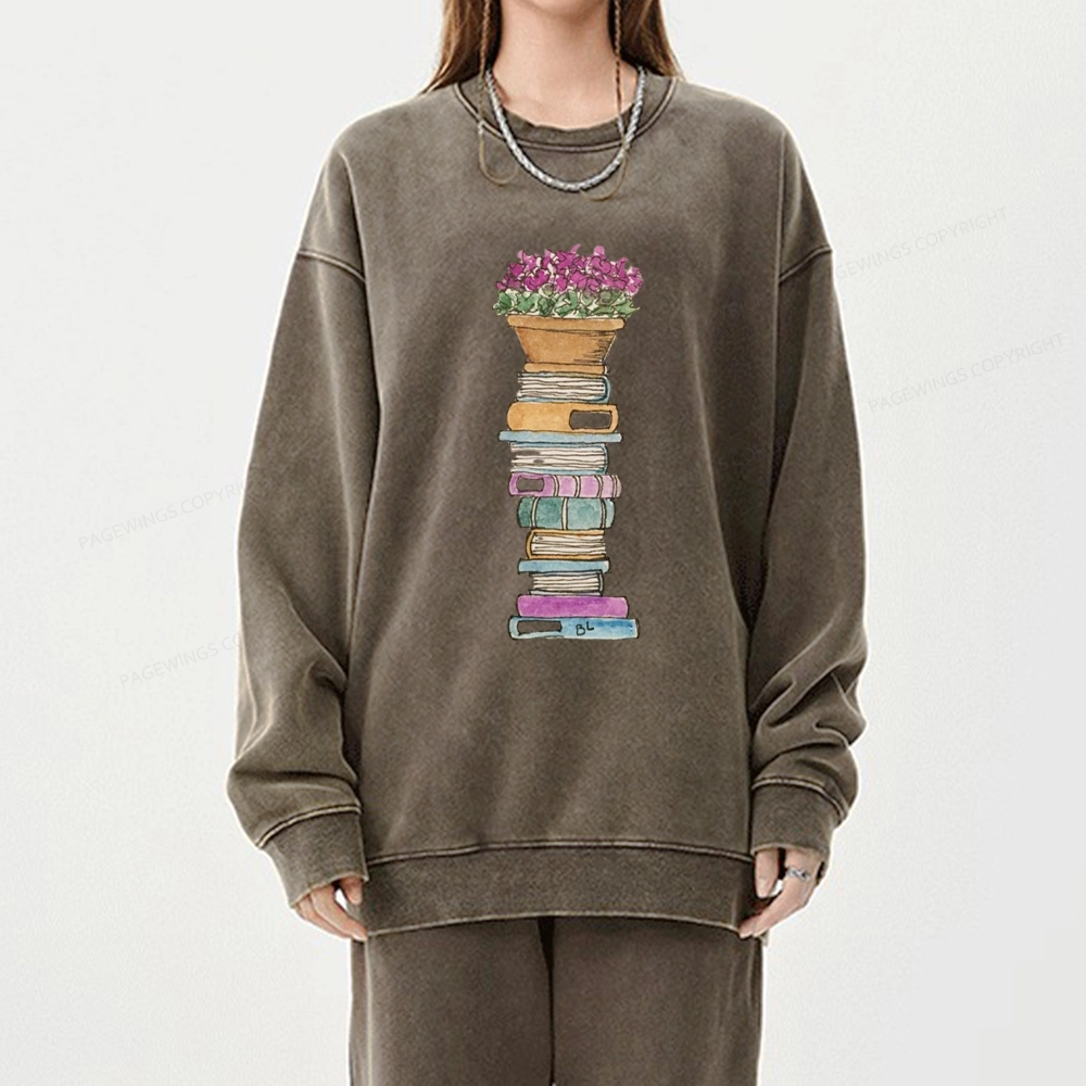 Pagewings Flower Pot and Books Unisex Washed Sweatshirt