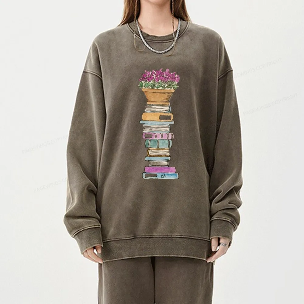 Pagewings Flower Pot and Books Unisex Washed Sweatshirt