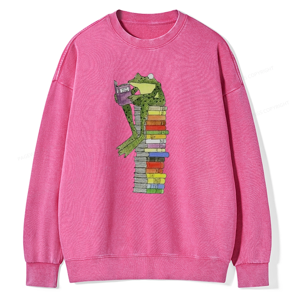 Pagewings A Reading Frog Unisex Washed Sweatshirt