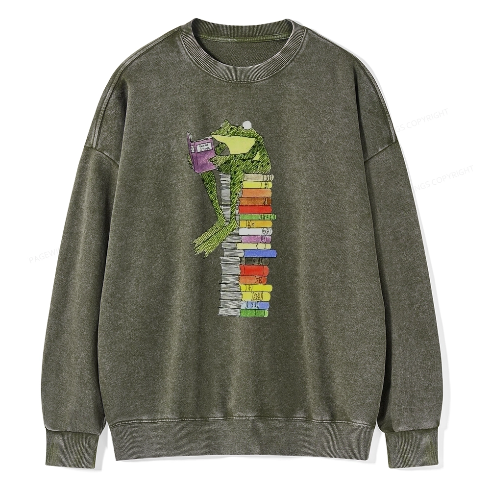 Pagewings A Reading Frog Unisex Washed Sweatshirt