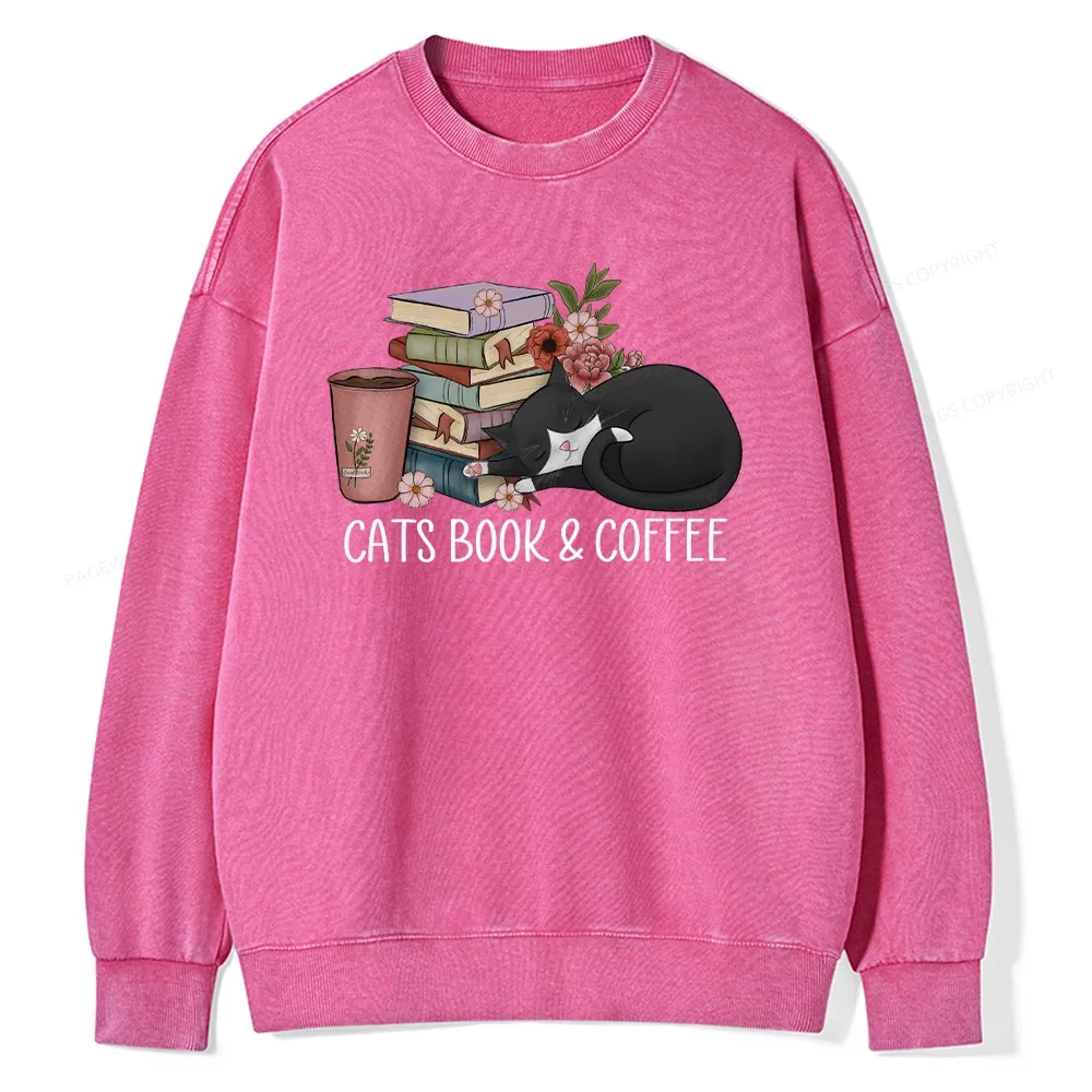 Pagewings Cats Book And Coffee Unisex Washed Sweatshirt