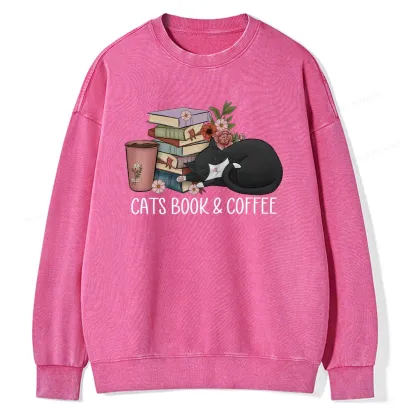 Pagewings Cats Book And Coffee Unisex Washed Sweatshirt