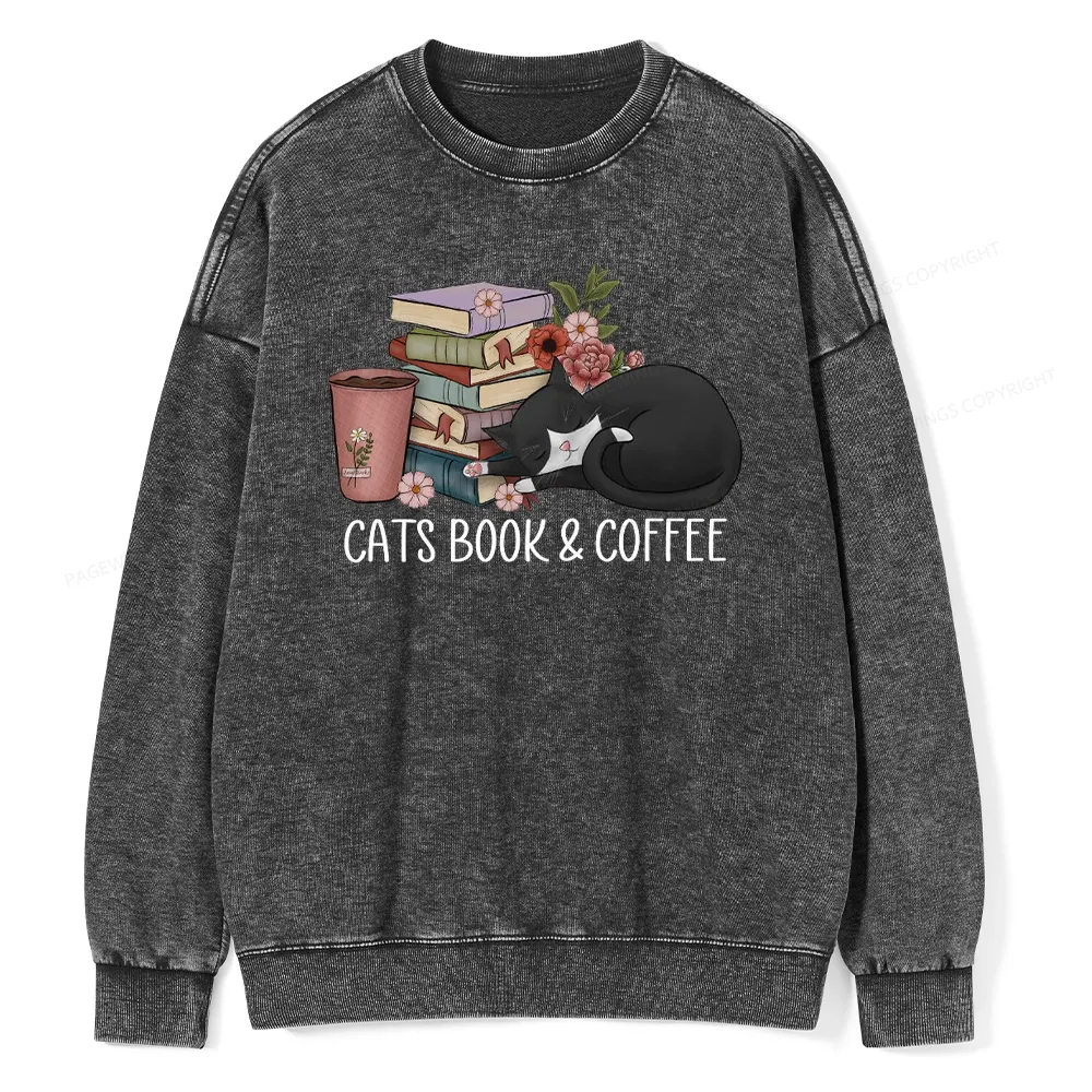 Pagewings Cats Book And Coffee Unisex Washed Sweatshirt