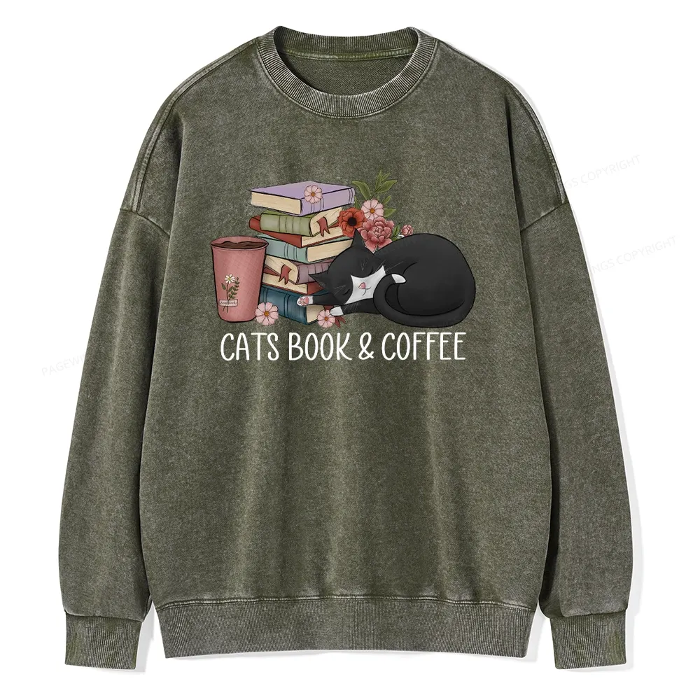 Pagewings Cats Book And Coffee Unisex Washed Sweatshirt