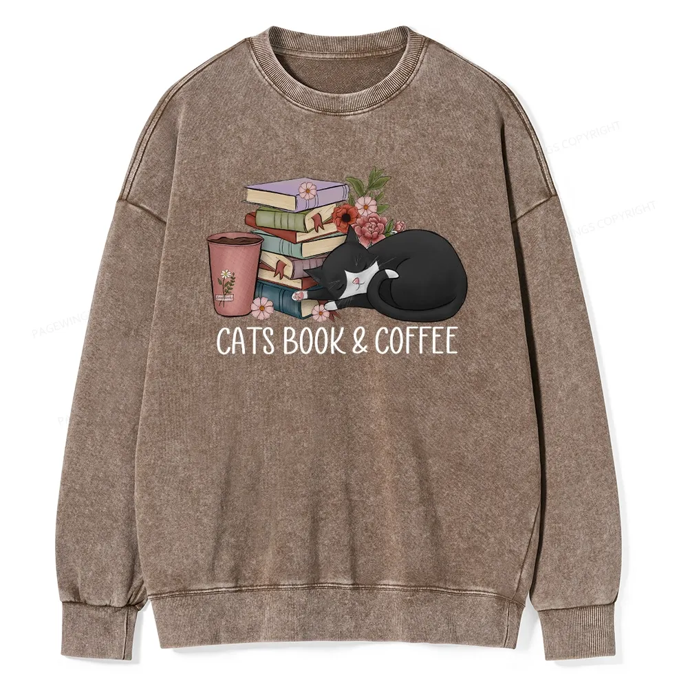 Pagewings Cats Book And Coffee Unisex Washed Sweatshirt