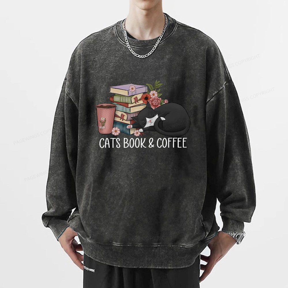 Pagewings Cats Book And Coffee Unisex Washed Sweatshirt