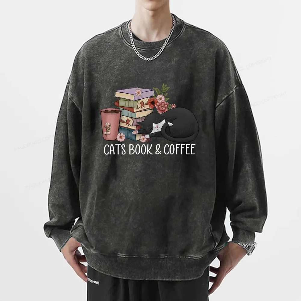 Pagewings Cats Book And Coffee Unisex Washed Sweatshirt