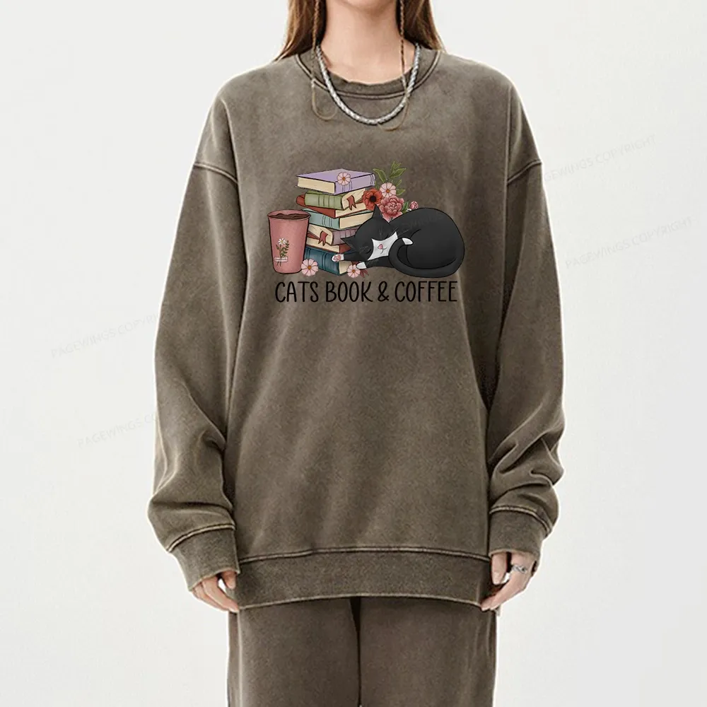 Pagewings Cats Book And Coffee Unisex Washed Sweatshirt