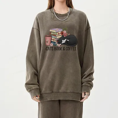 Pagewings Cats Book And Coffee Unisex Washed Sweatshirt