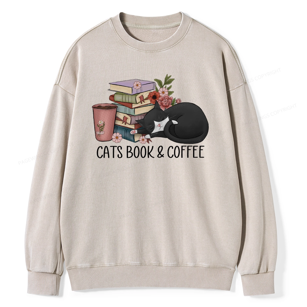 Pagewings Cats Book And Coffee Unisex Washed Sweatshirt