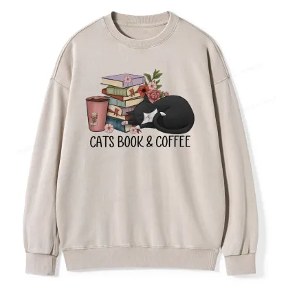 Pagewings Cats Book And Coffee Unisex Washed Sweatshirt