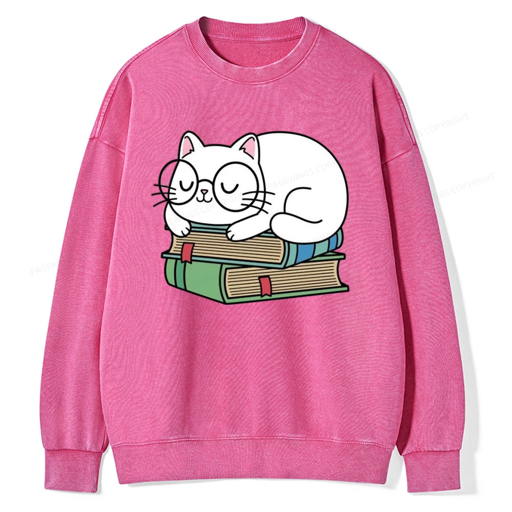 Pagewings Cat Book Reading Unisex Washed Sweatshirt