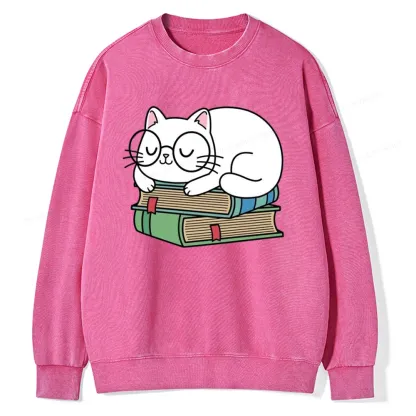 Pagewings Cat Book Reading Unisex Washed Sweatshirt