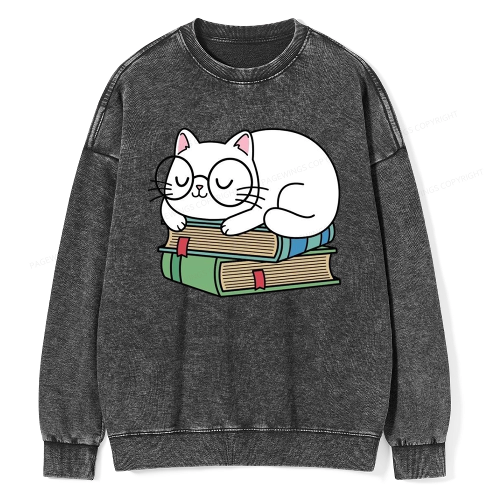 Pagewings Cat Book Reading Unisex Washed Sweatshirt