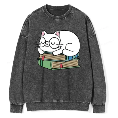 Pagewings Cat Book Reading Unisex Washed Sweatshirt