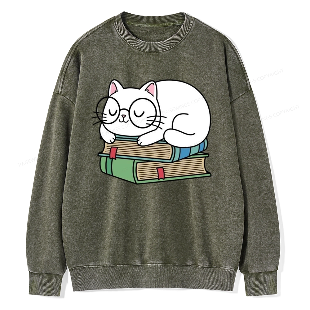 Pagewings Cat Book Reading Unisex Washed Sweatshirt
