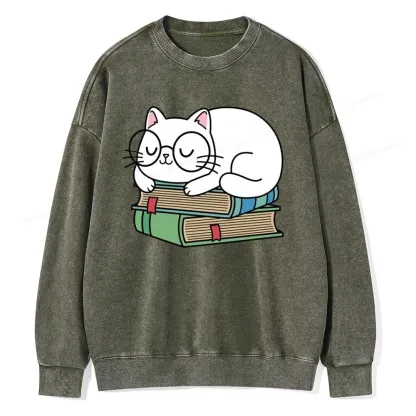Pagewings Cat Book Reading Unisex Washed Sweatshirt
