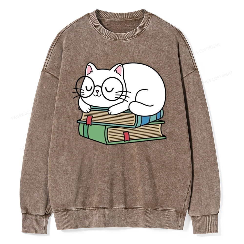 Pagewings Cat Book Reading Unisex Washed Sweatshirt