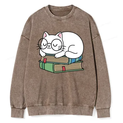 Pagewings Cat Book Reading Unisex Washed Sweatshirt