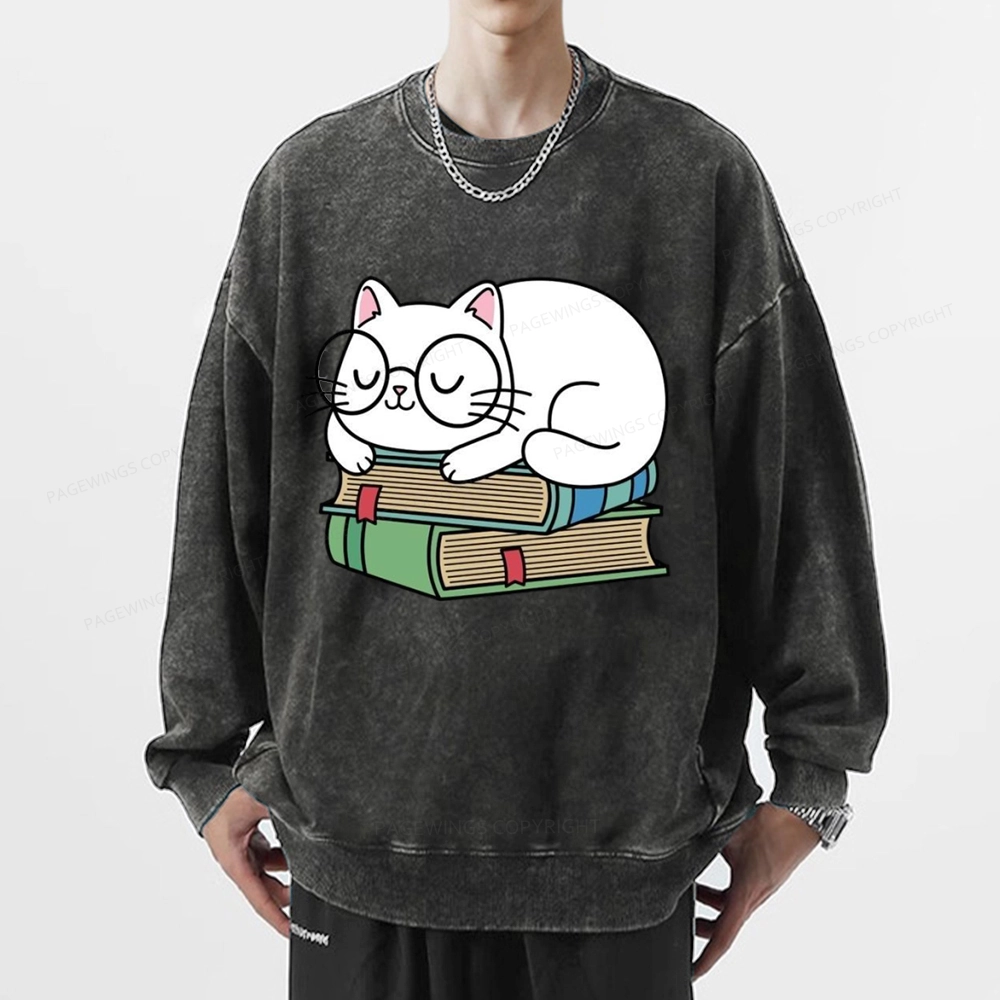 Pagewings Cat Book Reading Unisex Washed Sweatshirt