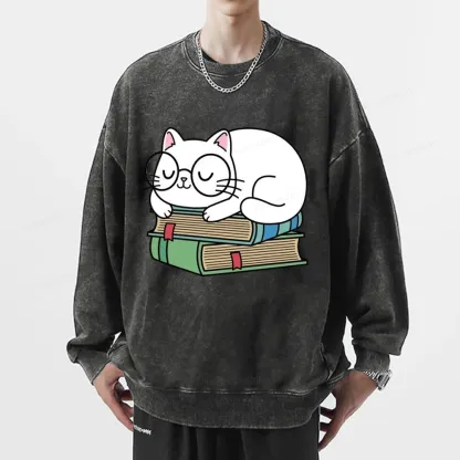 Pagewings Cat Book Reading Unisex Washed Sweatshirt
