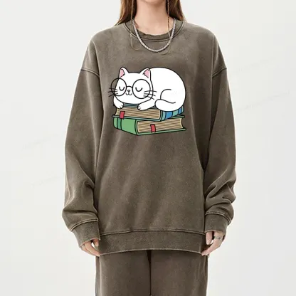 Pagewings Cat Book Reading Unisex Washed Sweatshirt