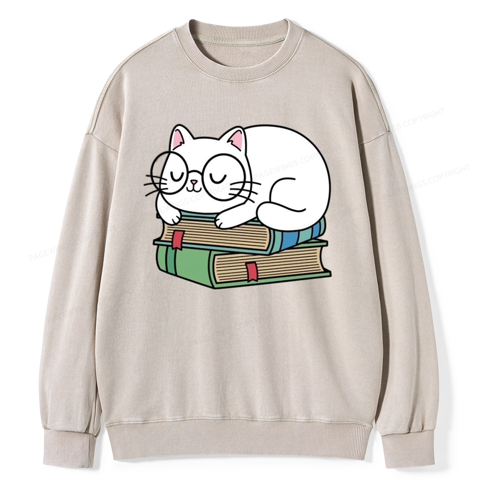 Pagewings Cat Book Reading Unisex Washed Sweatshirt