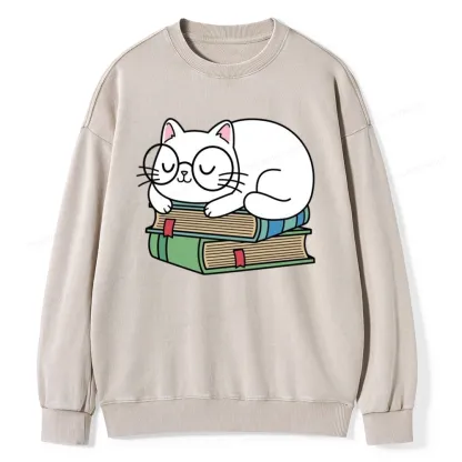 Pagewings Cat Book Reading Unisex Washed Sweatshirt