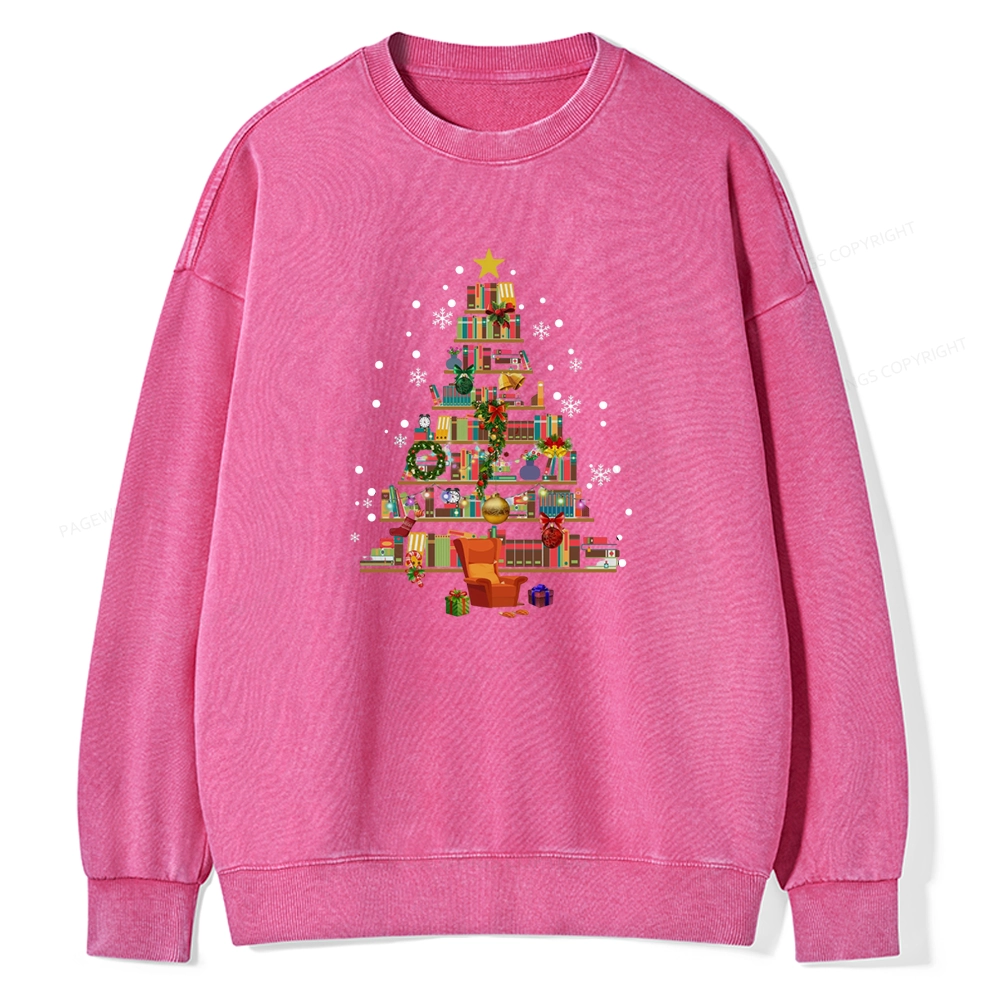 Pagewings Christmas Tree Made Of Books Unisex Washed Sweatshirt